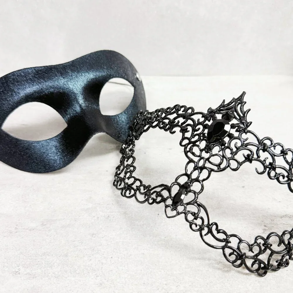 Mens masquerade mask, Black metal mask, Venetian mask, Prom mask, 2 in 1 mask